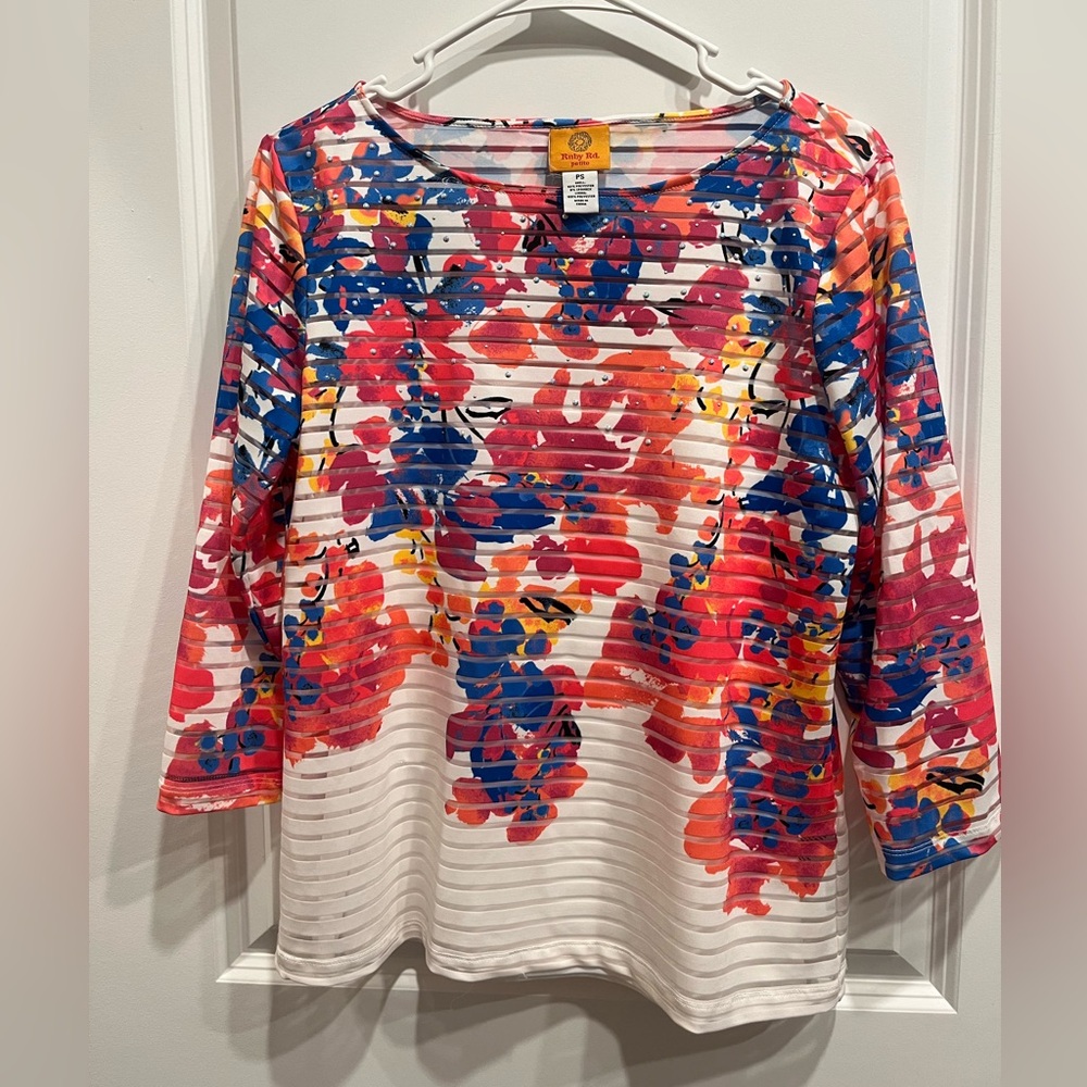 Ruby Rd Women's Floral Striped Lined Blouse 3/4 Sleeve Women’s Size Peti…